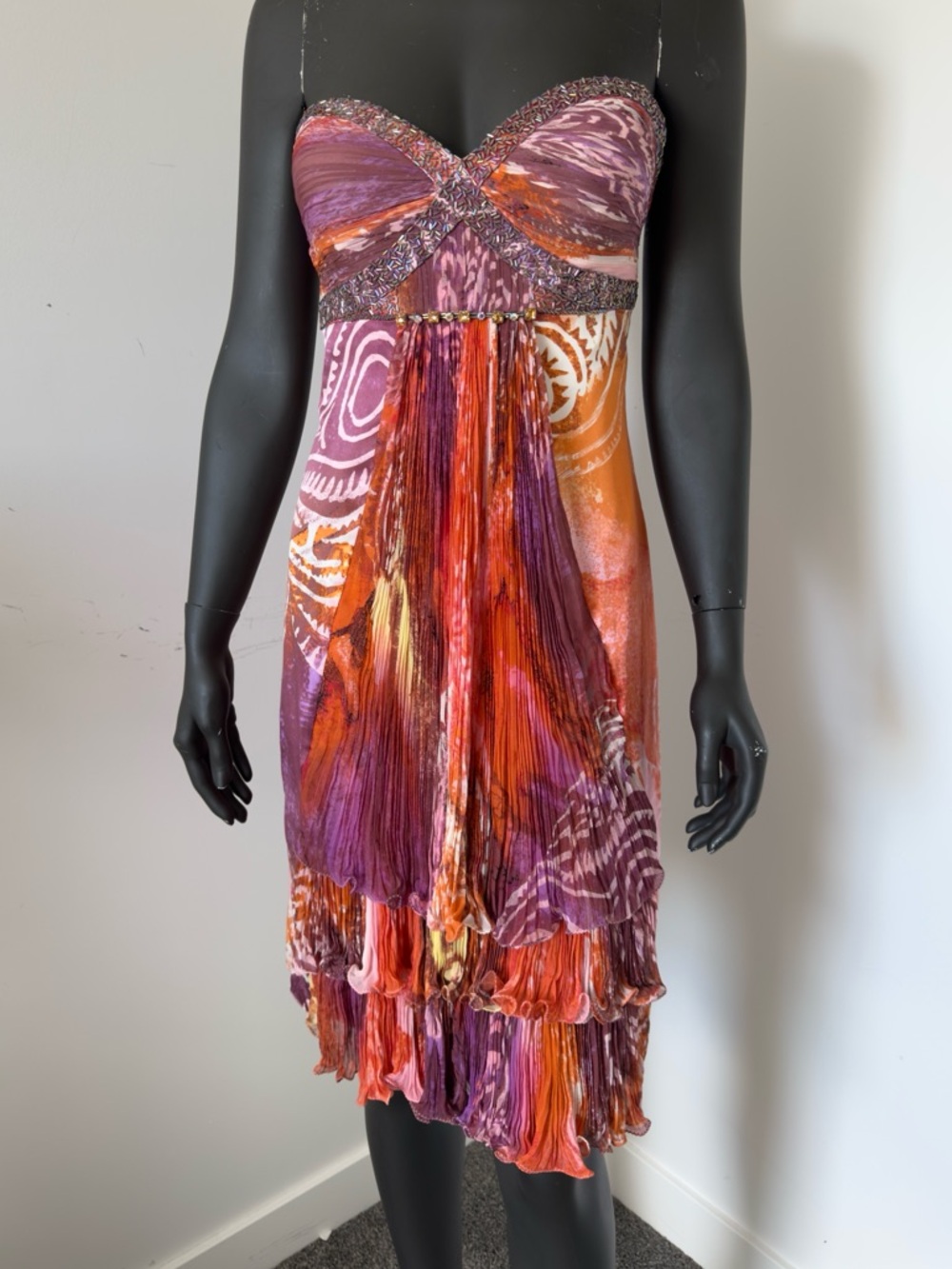297. Diane Freis Silk Pleated Multi-Color Summer Boho Beaded Dress